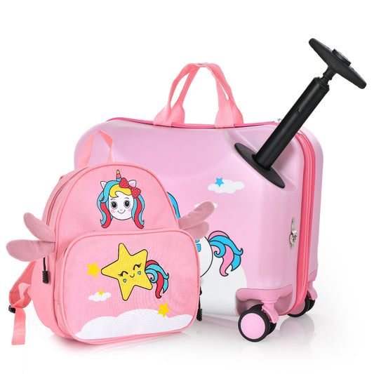 Infans 2PC Kids Ride-on Luggage Set 18 inch Carry-on Suitcase & 12 inch Backpack Anti-Loss Rope