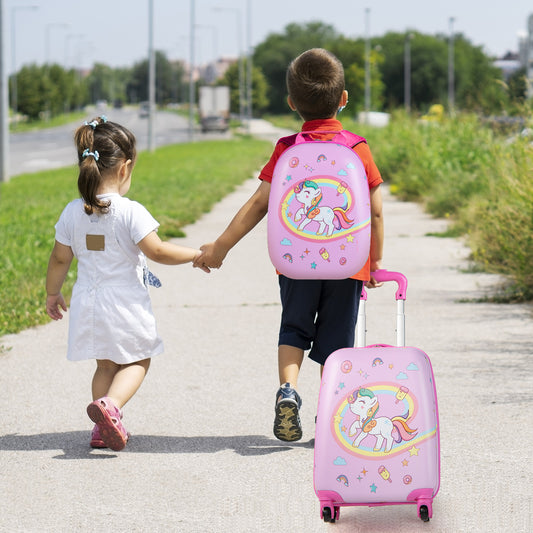 Infans 2PC Kids Carry On Luggage Set 12inch Backpack and 16inch Rolling Suitcase for TravelPink
