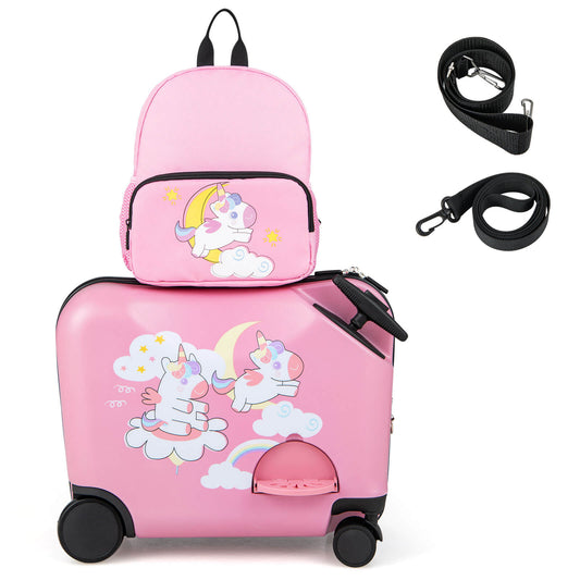 Infans 2PCS Kids Luggage Set W/Spinner Wheels 18 inch Ride-on & Carry-on & Sit-on HardshellPink
