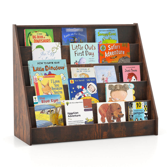 Infans 5 Tier Kids Bookshelf w/Anti-Tipping Device Kids-friendly Height for BedroomRustic Brown