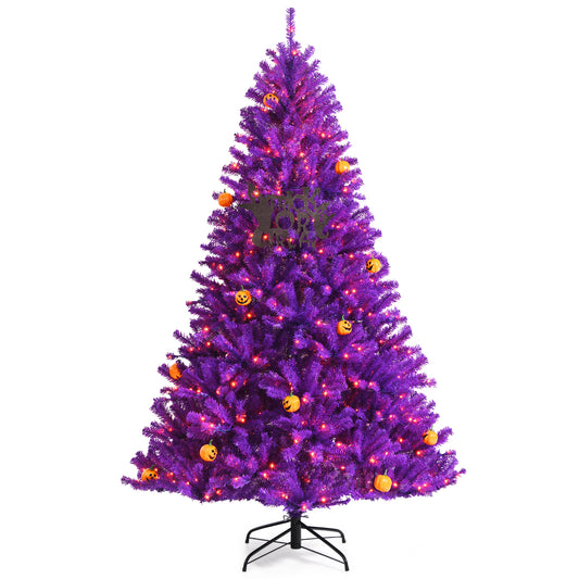 Infans 7ft Pre-lit Purple Halloween Christmas Tree w/ Orange Lights Pumpkin Decorations