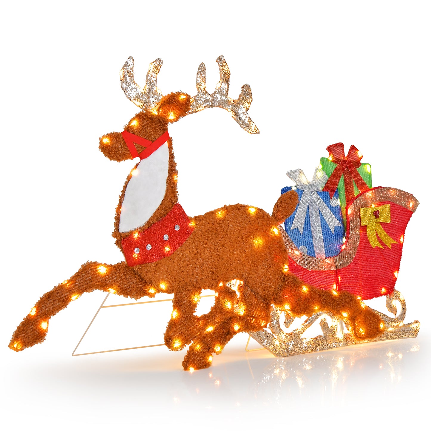 Infans Lighted 2D Christmas Reindeer and Sleigh Decoration Pre-Lit Glittered Decoration