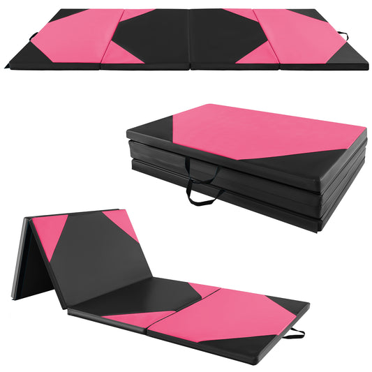 Infans 10ft x 4ft x 2inch 4-Panel Folding Gymnastics Exercise Mat w/ Hook & Loop FastenersRose Red + Black