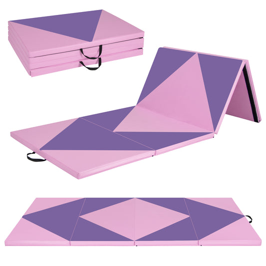 Infans Gymnastics Gym Mat 4-Panel Folding Lightweight Gymnastics Tumbling Mat with HookPink /Purple