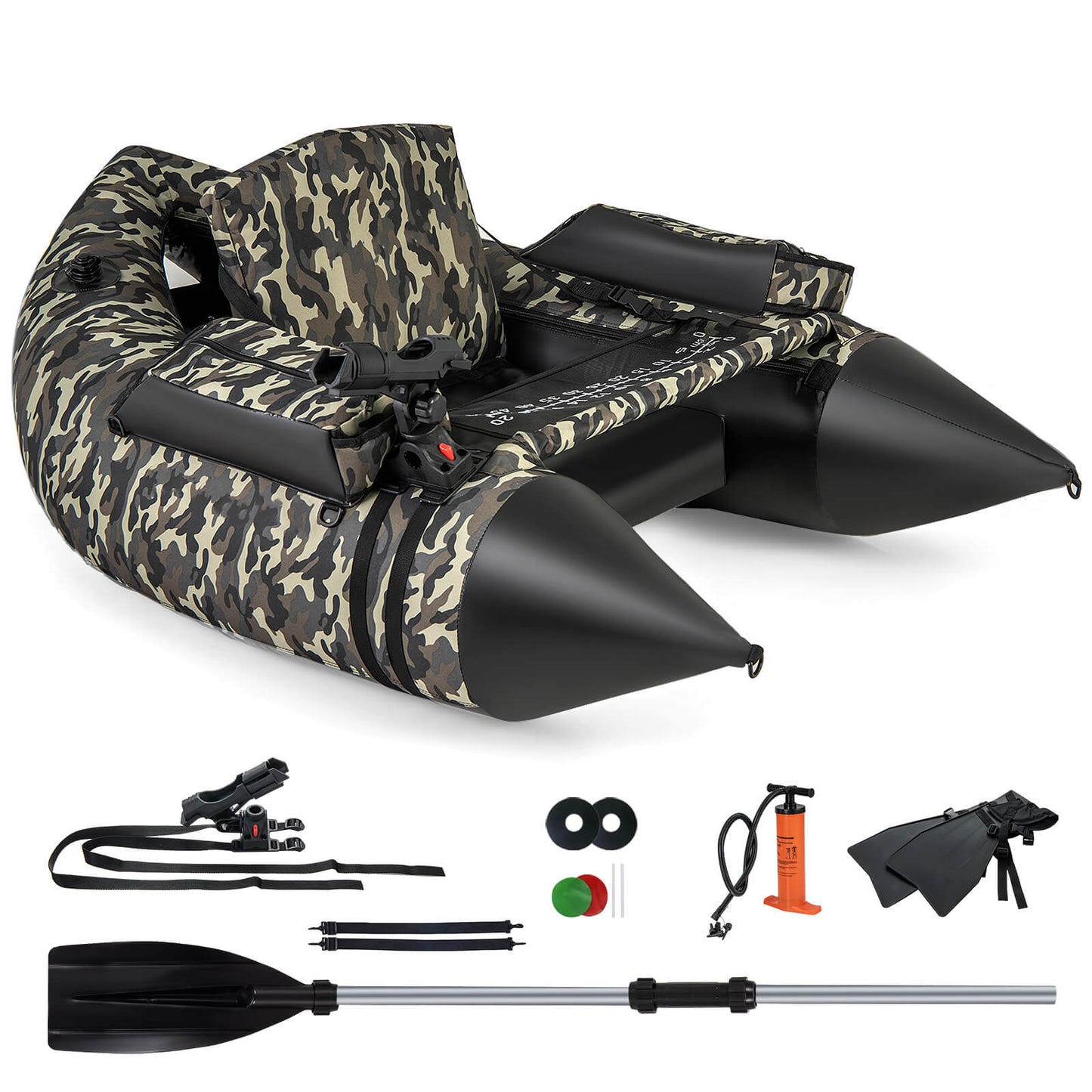 Infans Inflatable Float Tube w/ Flippers Fish Ruler Rod Holder Storage Pockets Pump