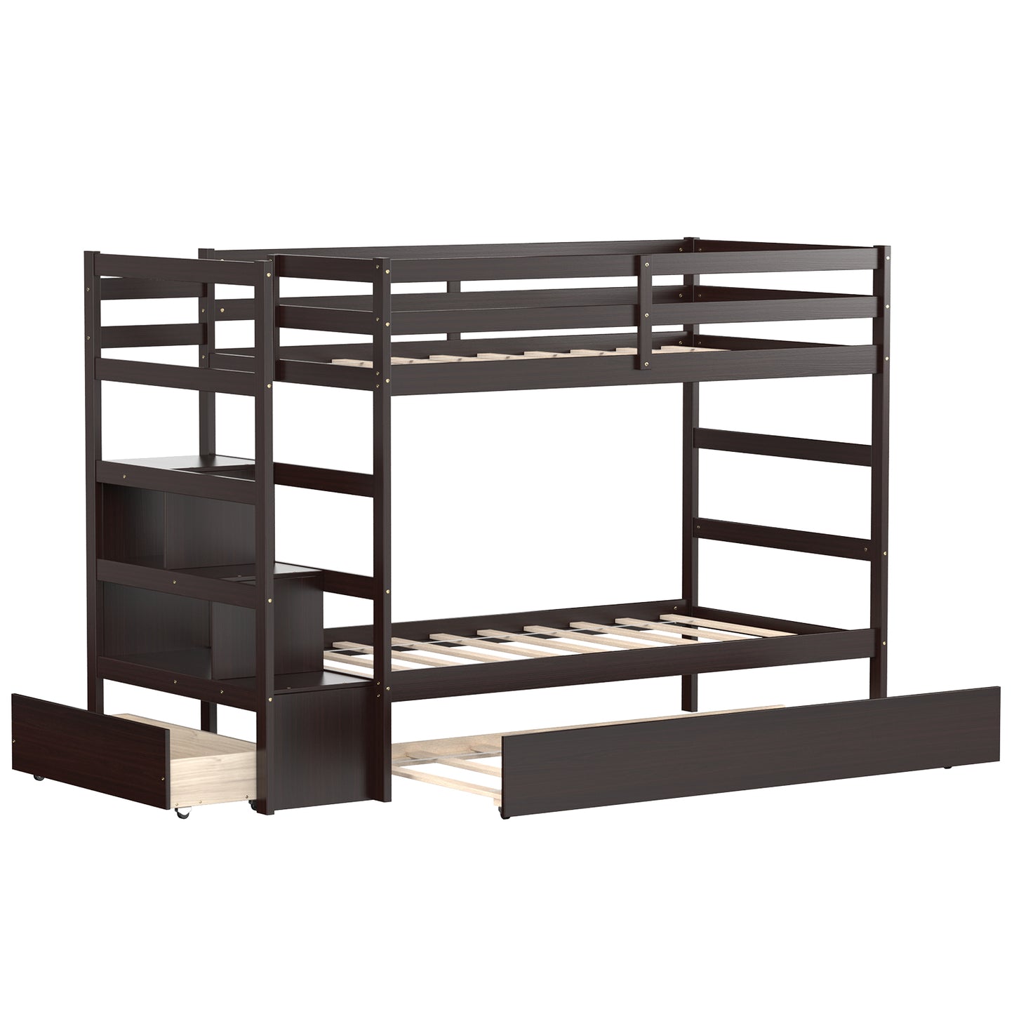 Infans Twin Over Twin Bunk Bed with Trundle Stairway and Storage Shelf Drawer Espresso