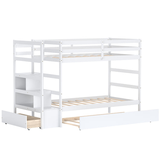 Infans Twin Over Twin Bunk Bed with Trundle Stairway and Storage Shelf Drawer White