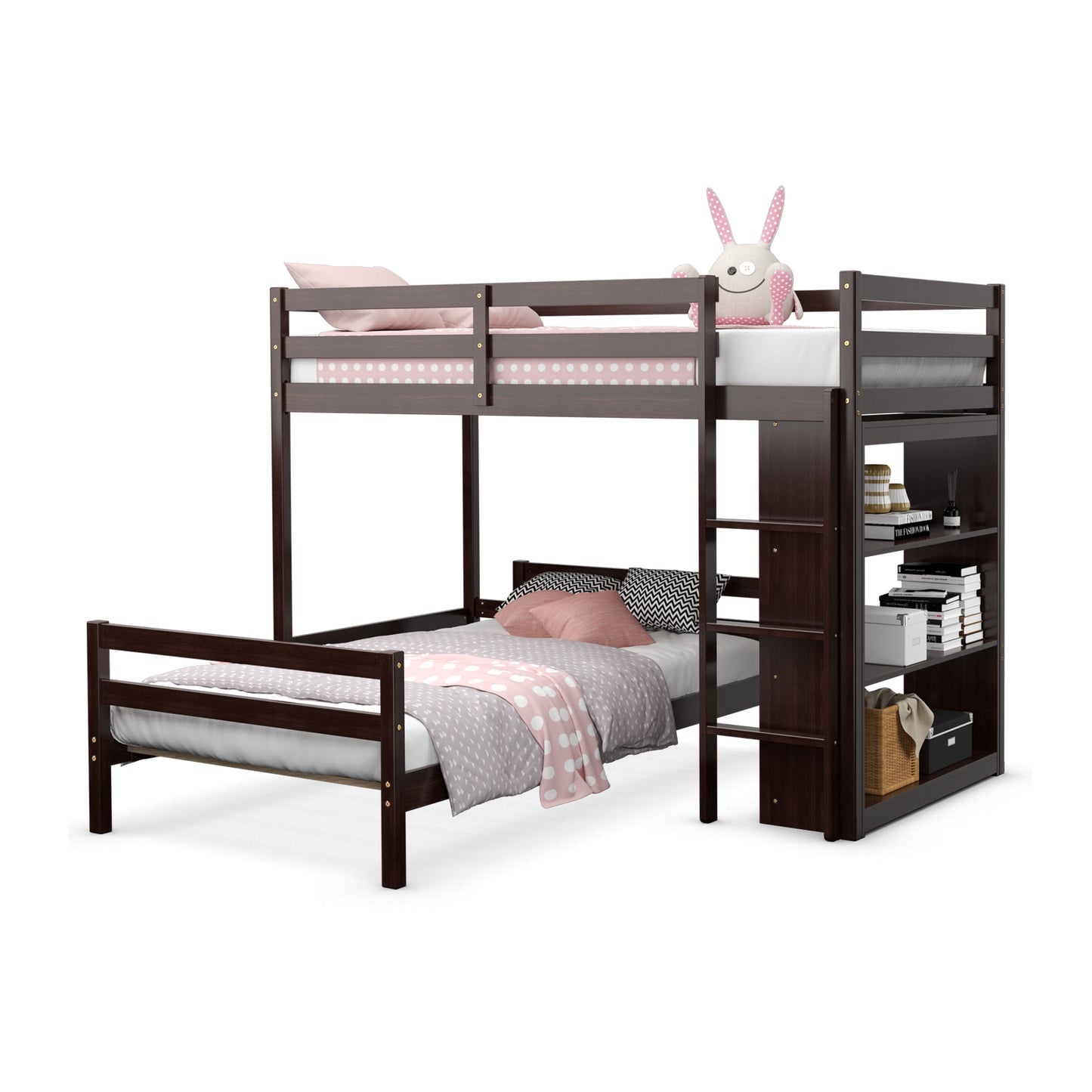 Infans Twin Over Twin Loft Bunk Bed Wood w/Bookcase Guardrail Ladder Kids BedroomEspresso