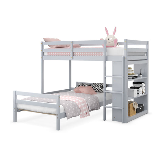Infans Twin Over Twin Loft Bunk Bed Wood w/Bookcase Guardrail Ladder Kids BedroomGray