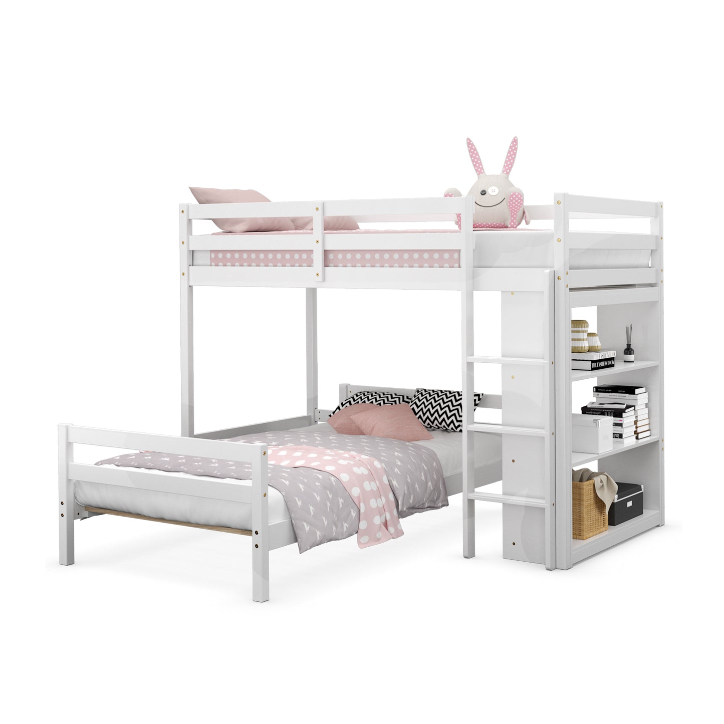 Infans Twin Over Twin Loft Bunk Bed Wood w/Bookcase Guardrail Ladder Kids BedroomWhite