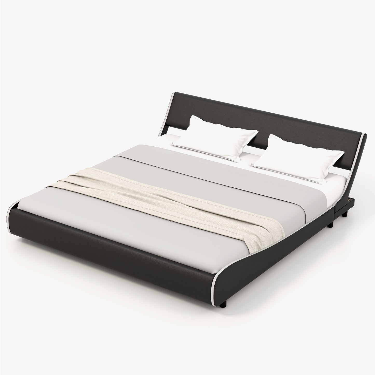 Infans King Upholstered Platform Bed Frame Low Profile Faux Leather Curved Headboard