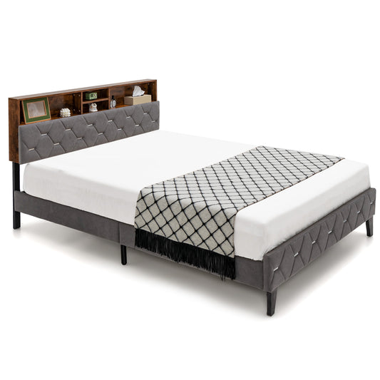 Infans Full Bed Frame Upholstered Platform Bed Mattress Foundation w/ Storage Headboard