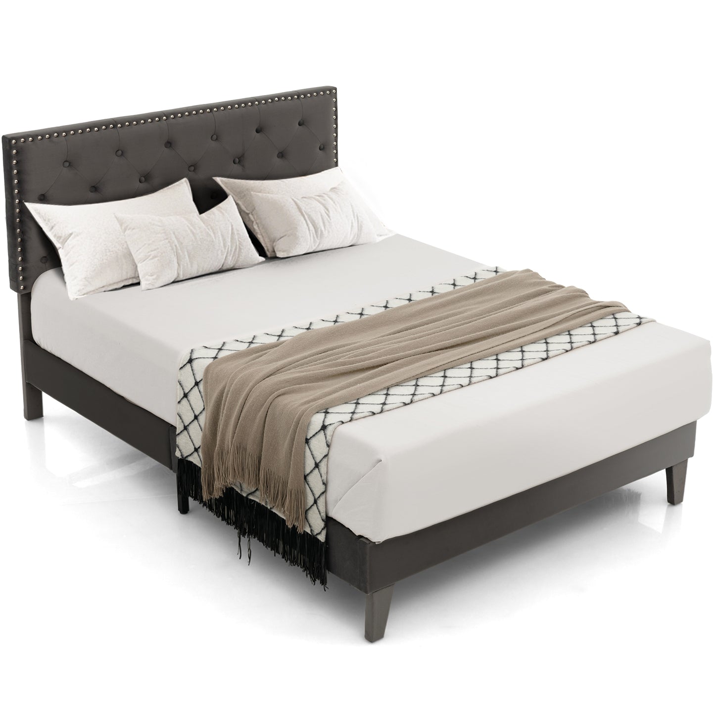 Infans Full Bed Frame Upholstered Platform Bed w/ Tufted Headboard Mattress Foundation