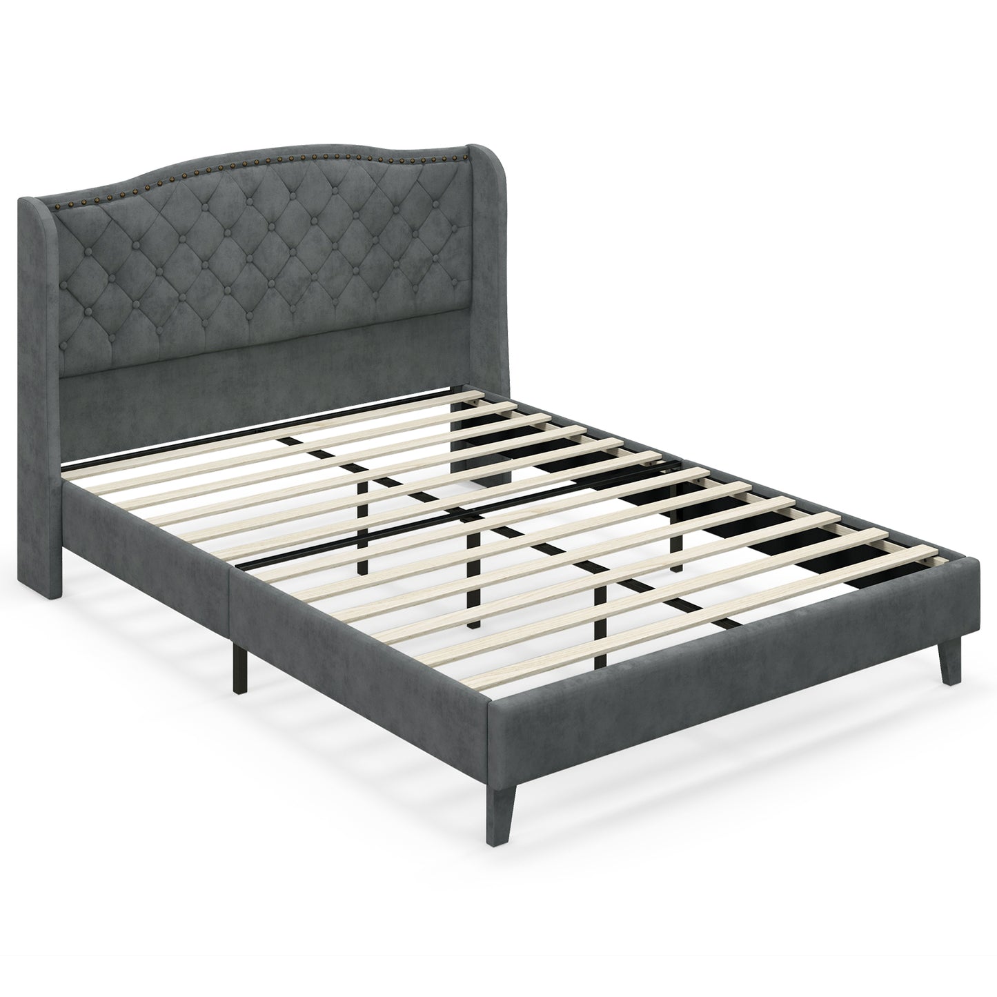 Infans Full Upholstered Platform Bed Frame W/ Button Tufted Headboard Wooden Slats