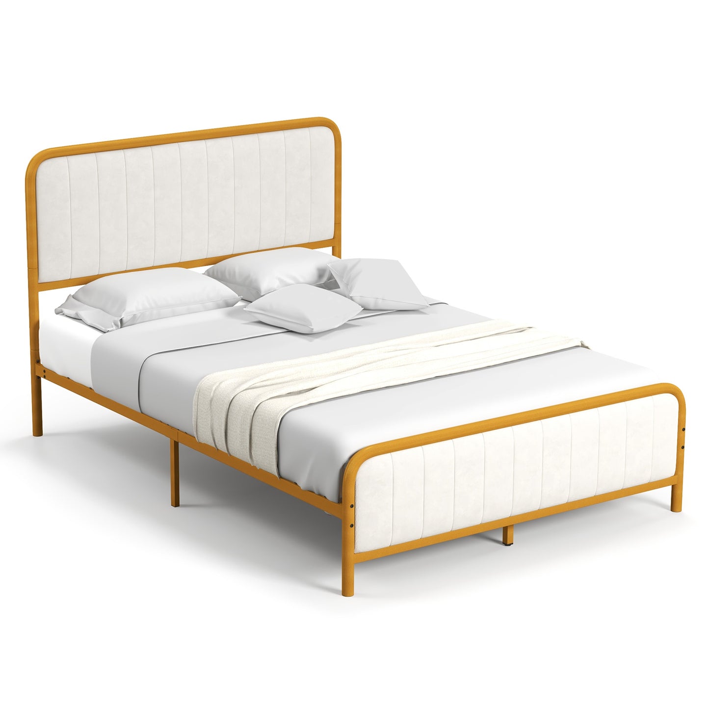 Infans Full Gold Metal Bed Frame Upholstered Platform Bed with Velvet Headboard