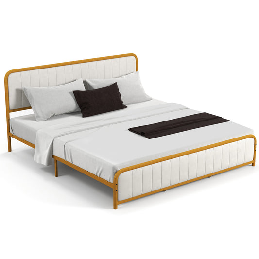 Infans King Gold Metal Bed Frame Upholstered Platform Bed with Velvet Headboard