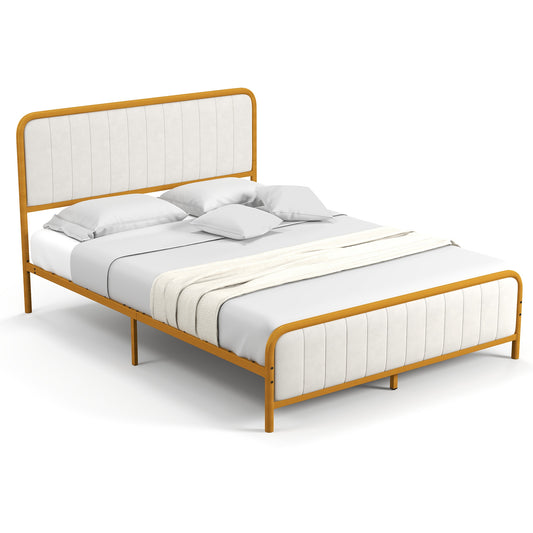 Infans Queen Gold Metal Bed Frame Upholstered Platform Bed with Velvet Headboard
