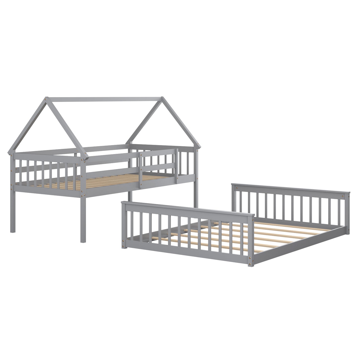 Infans Twin Over Full House Bunk Bed with Ladder & Guardrails Convertible to 2 BedsGrey