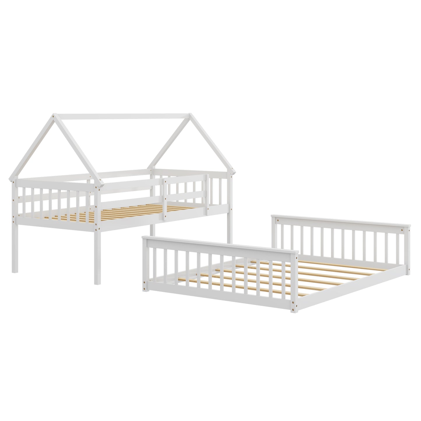 Infans Twin Over Full House Bunk Bed with Ladder & Guardrails Convertible to 2 Beds