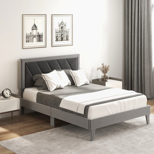 Infans Full Size Bed Frame Upholstered Platform Velvet Headboard Wooden Slats Gray