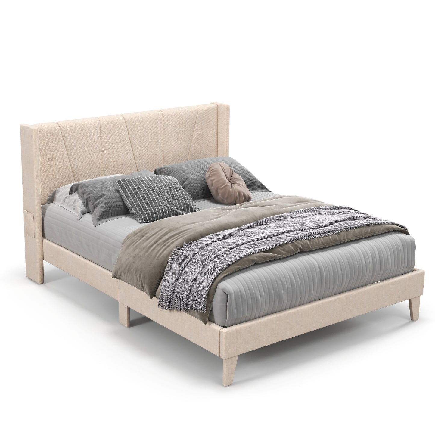 Infans Queen Size Upholstered Bed Frame with Elastic Pockets Mattress Foundation Beige