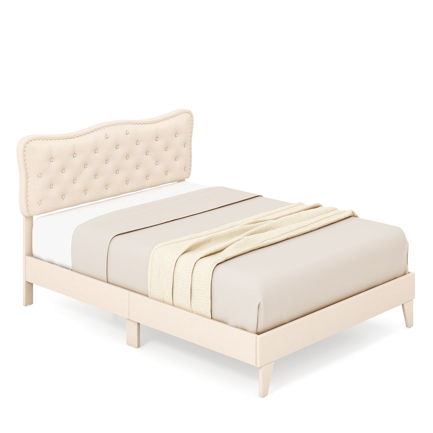 Infans Queen Upholstered Platform Bed Frame Button-Tufted Headboard Mattress Foundation