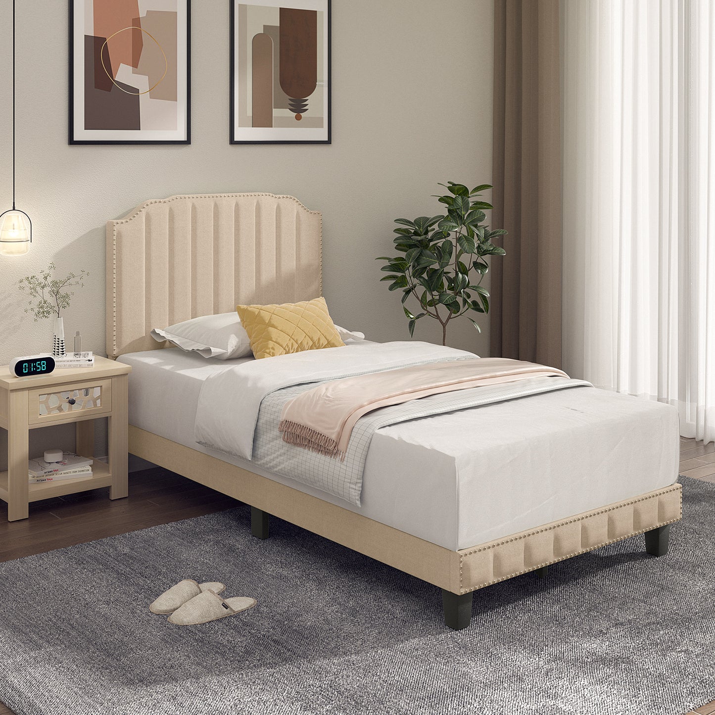 Infans Twin Upholstered Bed Frame with linen fabric vertical lines Rivets headboard