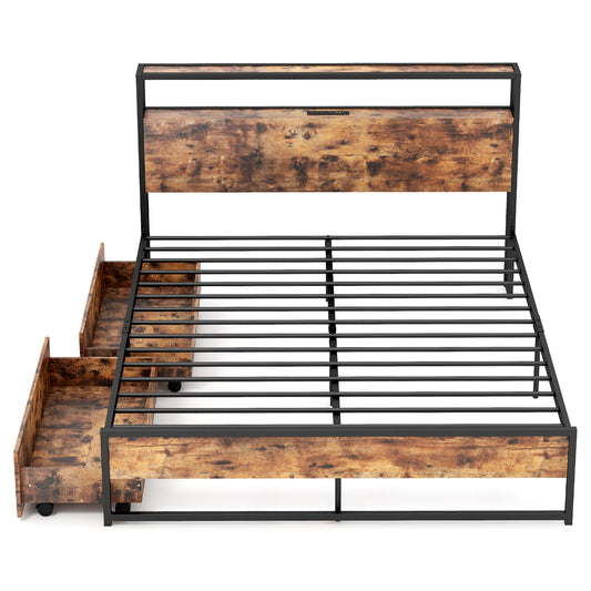 Infans Queen Industrial Platform Bed Frame w/ Drawer Storage Headboard Charging Station