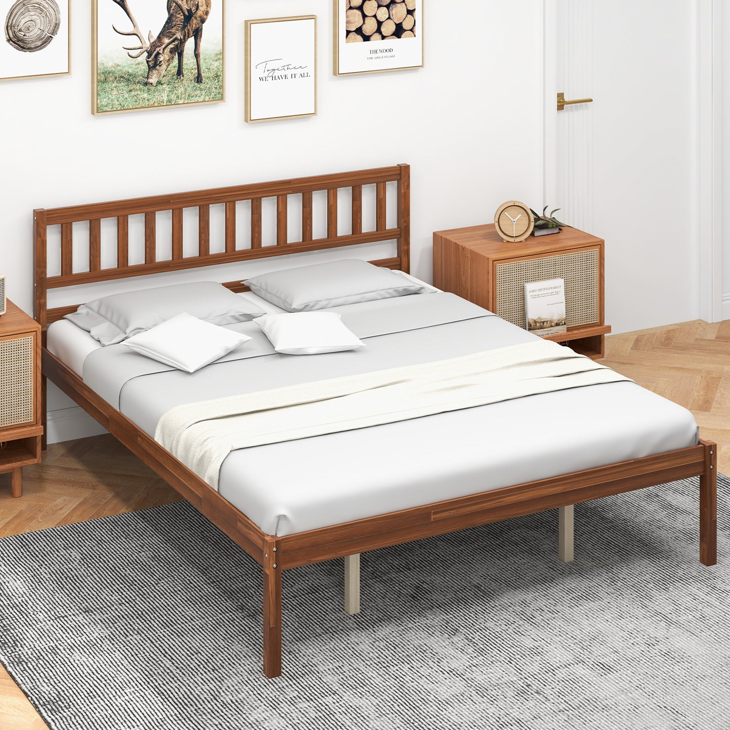 Infans Queen Platform Bed with Headboard Solid Wood Leg Mattress Foundation Walnut