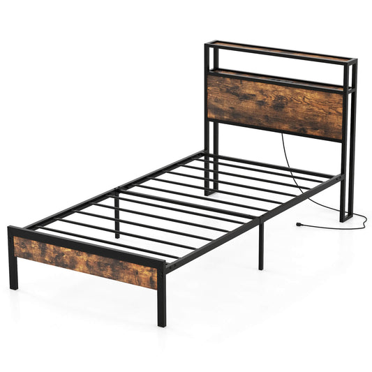 Infans Twin Bed Frame w/ Storage Headboard Charging Station 18W USB C Port Rustic Brown