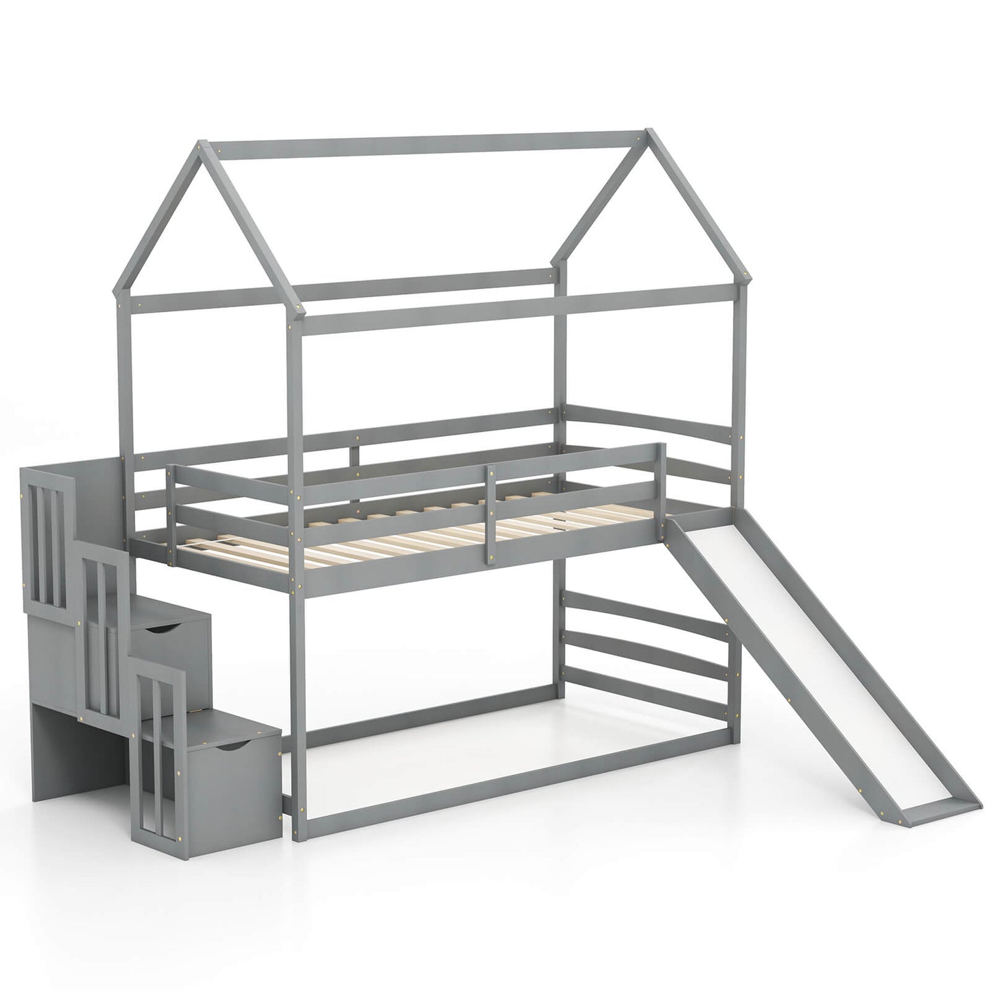 Infans Loft Bed w/ Slide & Storage Staircase Twin Over Twin House-shaped Bunk Bed Gray