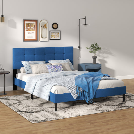 Infans Queen Upholstered Platform Bed Mattress Foundation Button Tufted Headboard Blue