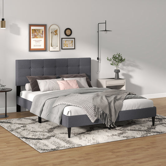 Infans Queen Upholstered Platform Bed Mattress Foundation Button Tufted Headboard Gray