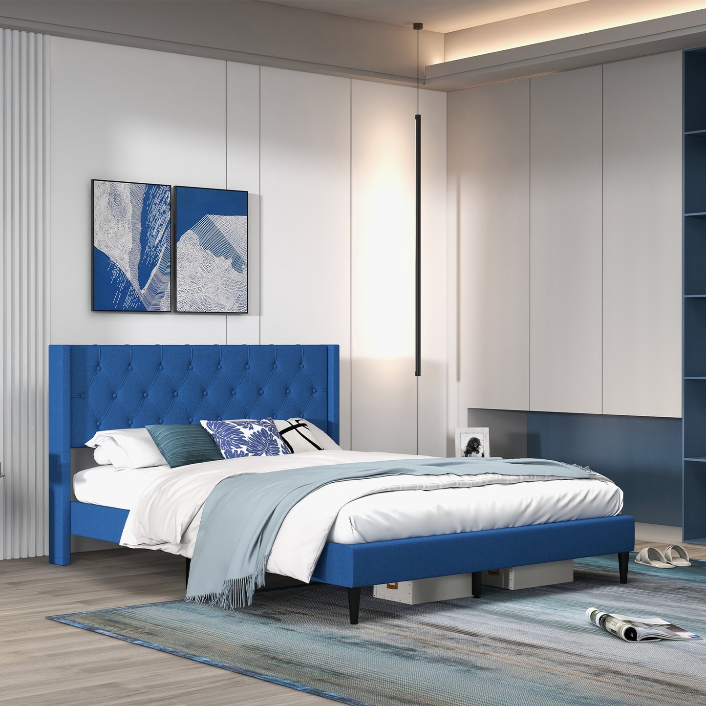 Infans Queen Size Upholstered Platform Bed with Button Tufted Wingback Headboard Blue