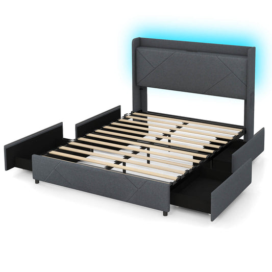 Infans Queen Size Bed Frame w/LED Lights Charging Station 2 Storage Pockets & 4 Drawers