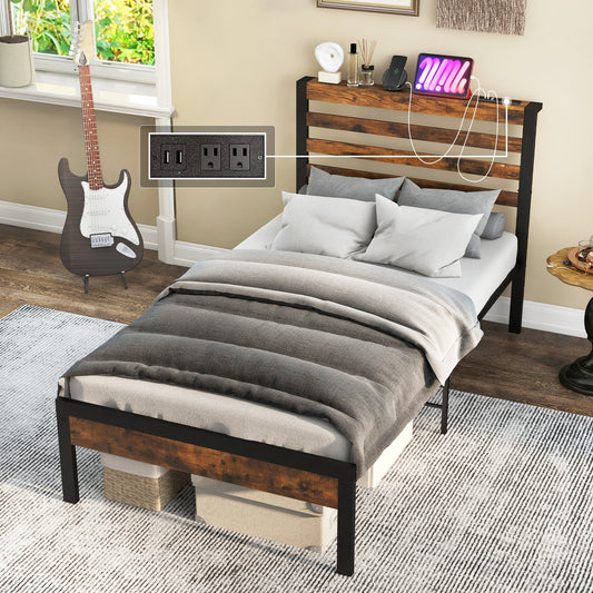 Infans Twin Industrial Metal Platform Bed Frame Charging Station Mattress Foundation