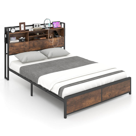 Infans Queen Size Bed Frame with Storage Headboard and Charging Station Vintage Brown