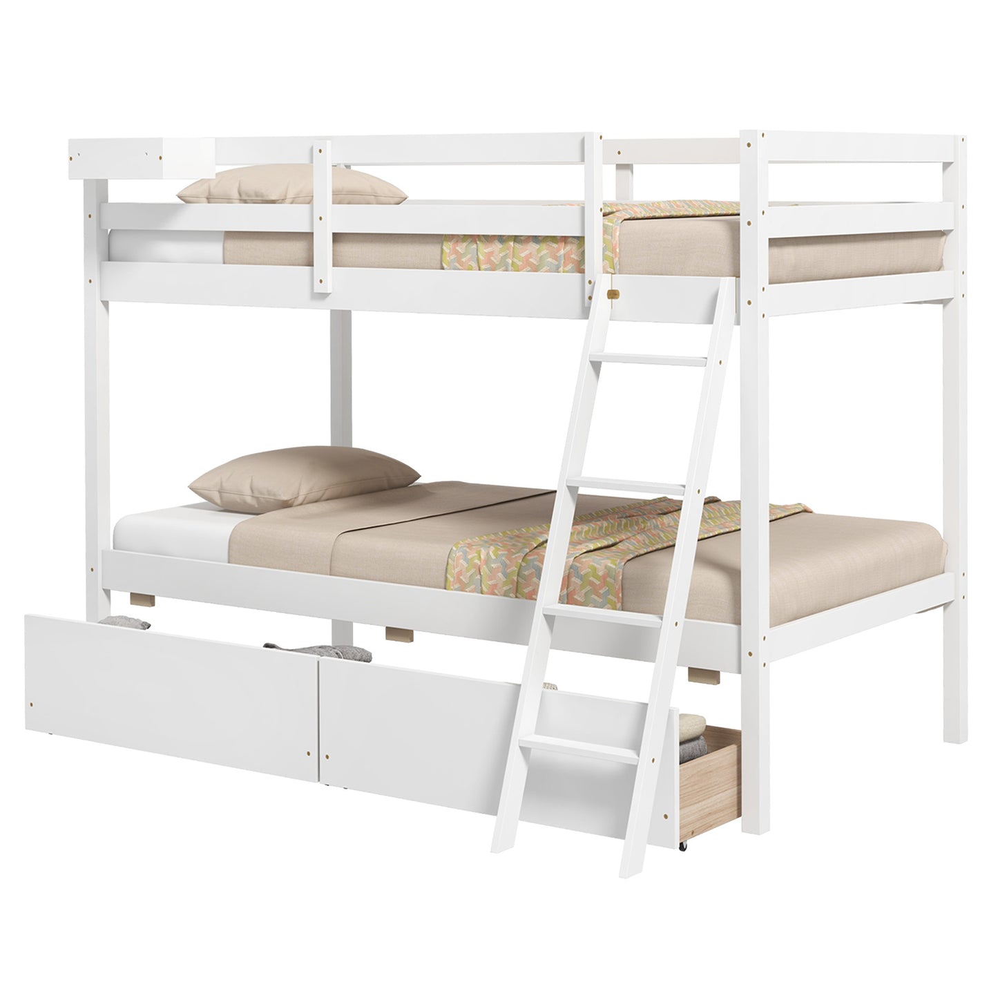 Infans Twin Over Twin Bunk Bed with 2 Storage Drawers Ladder No Box Spring Needed White