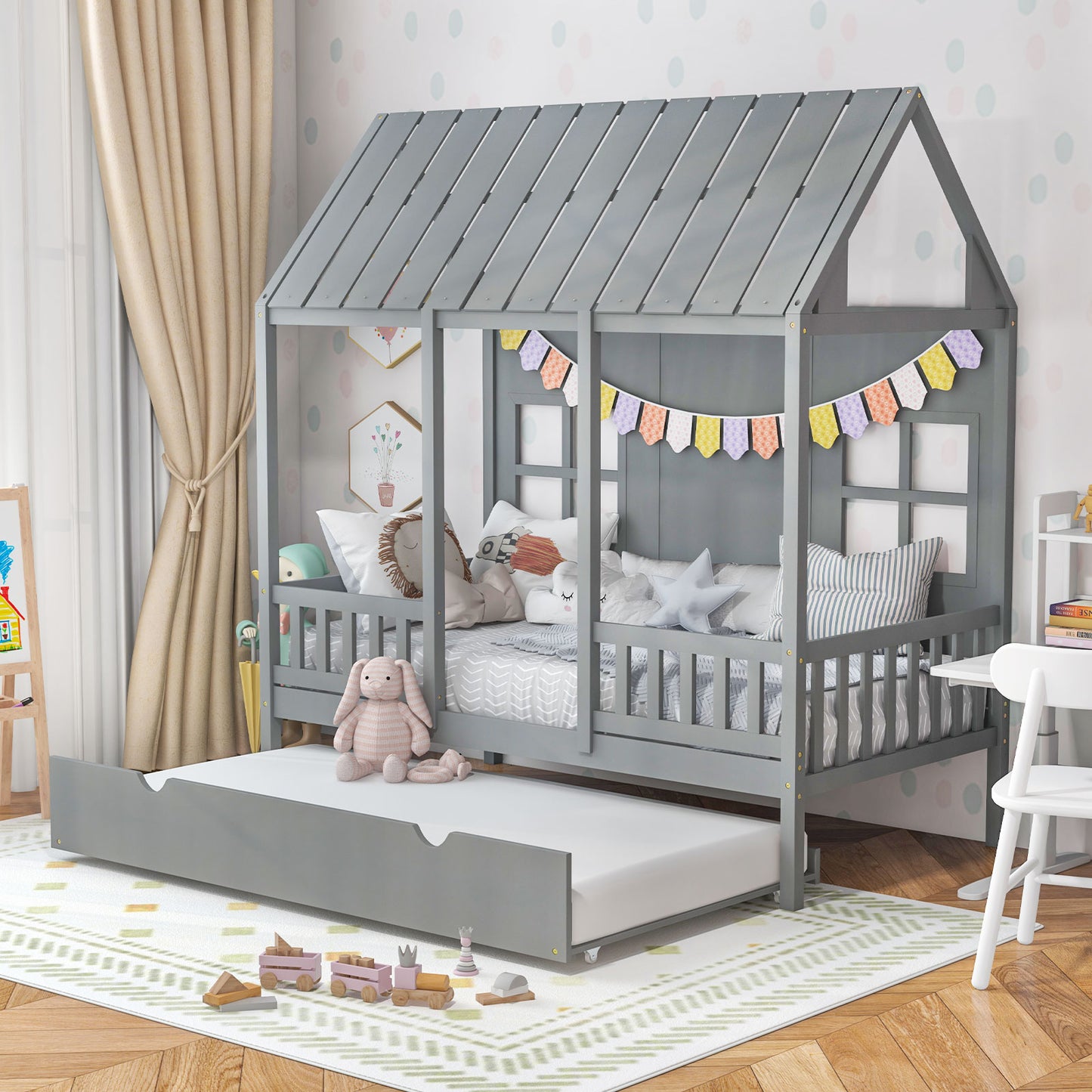 Infans Twin Size House Bed with Trundle Fence Decor Wooden Windows Tall Roof Gray