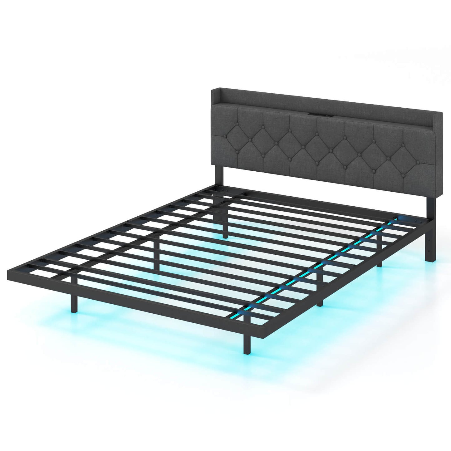 Infans Queen Size Floating Bed Frame with LED Lights Adjustable Upholstered Headboard