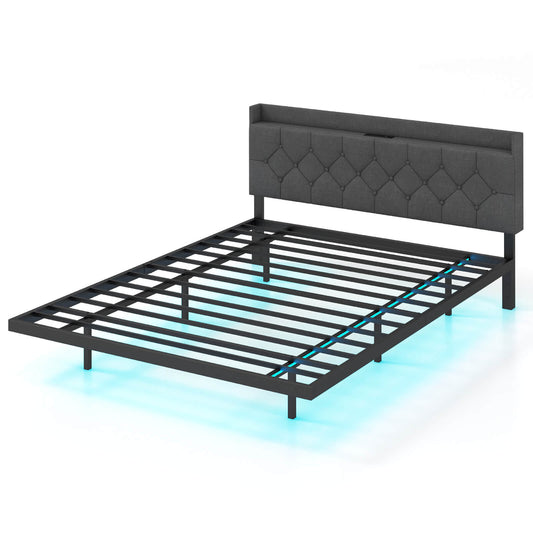 Infans Queen Size Floating Bed Frame with LED Lights Adjustable Upholstered Headboard