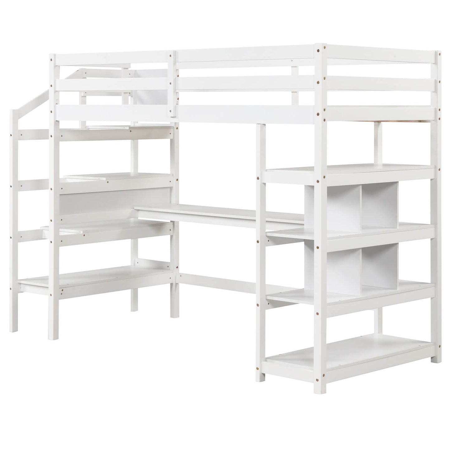 Infans Twin Size Loft Bed w/Desk & Storage Stairs Solid Wood Loft Bed Frame w/Shelves