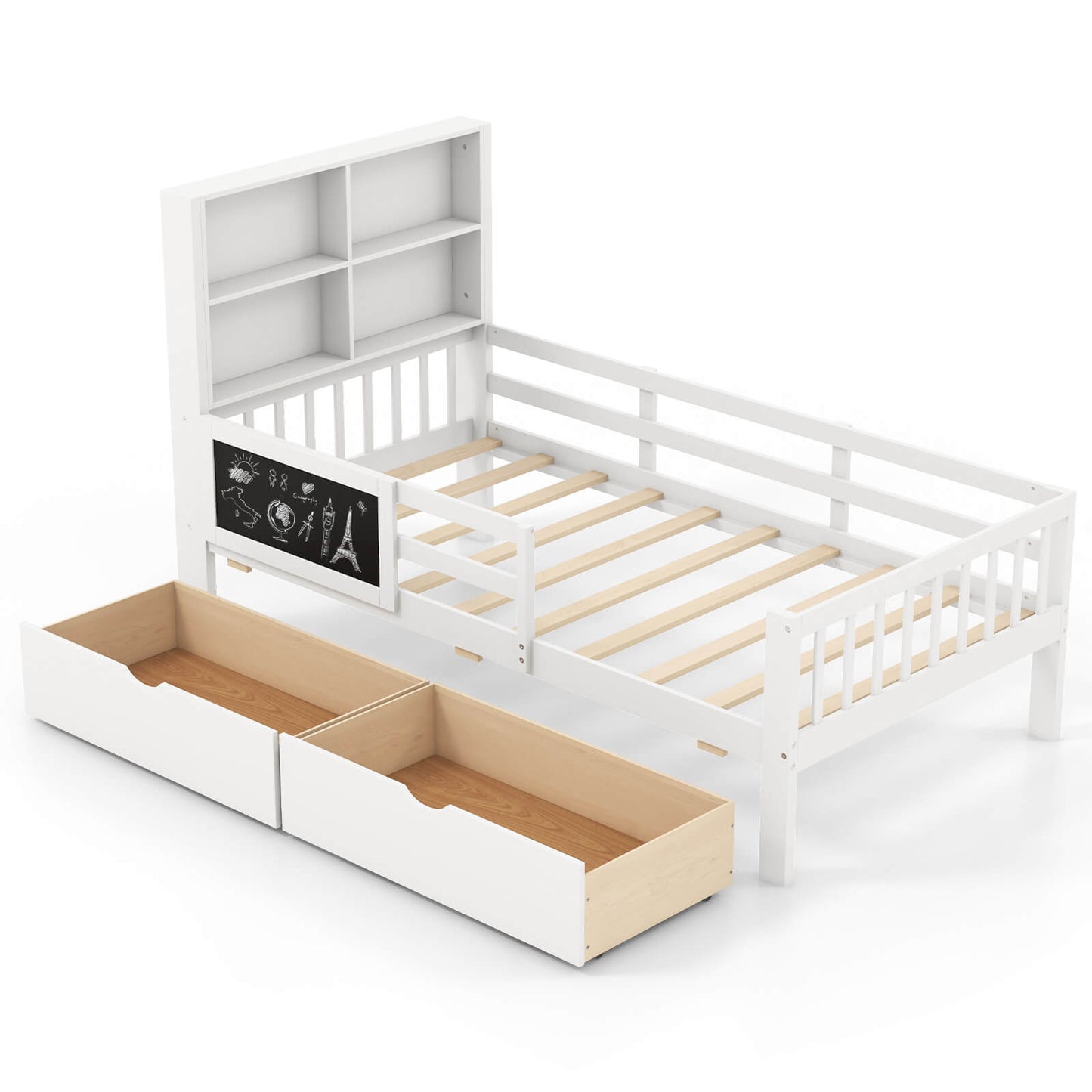 Infans Twin Size Bed Frame with 2 Drawers Bookcase & Blackboard Full-length Guardrails