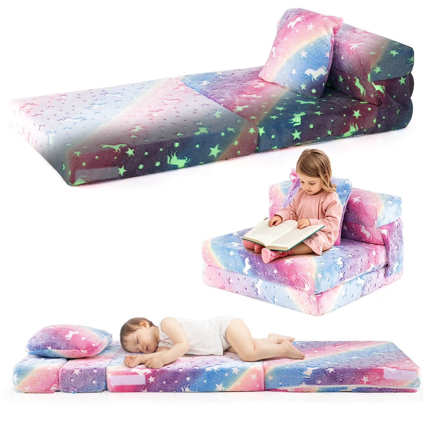 Infans Kids Folding Sofa Bed Floor Mattress with Throw Pillow & Machine Washable Cover
