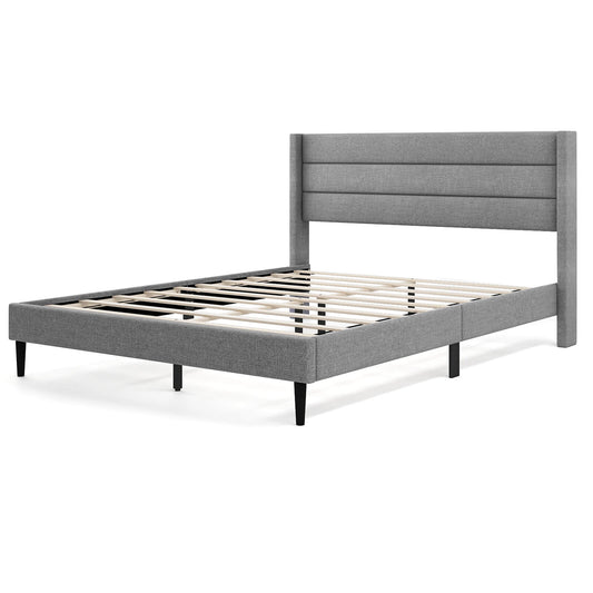 Infans Queen Bed Frame with Wingback Headboard Linen Upholstered Platform Bed Grey