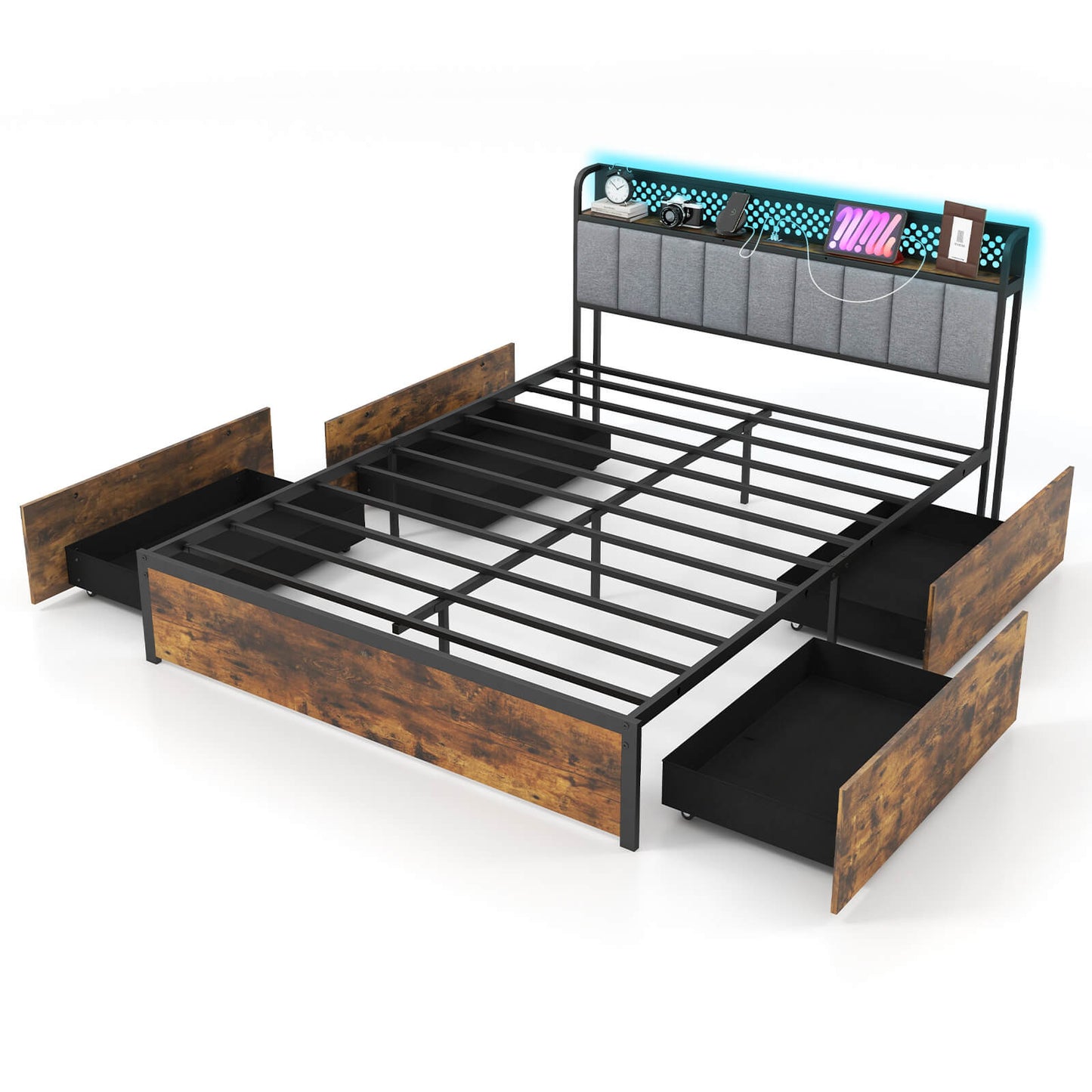 Infans Queen Size LED Bed Frame w/ Charging Station Upholstered Headboard 4 Drawers