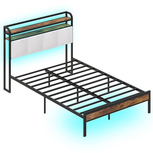 Infans Full Size Bed Frame w/LED Light & Charging Station Heavy Duty Metal Platform Bed