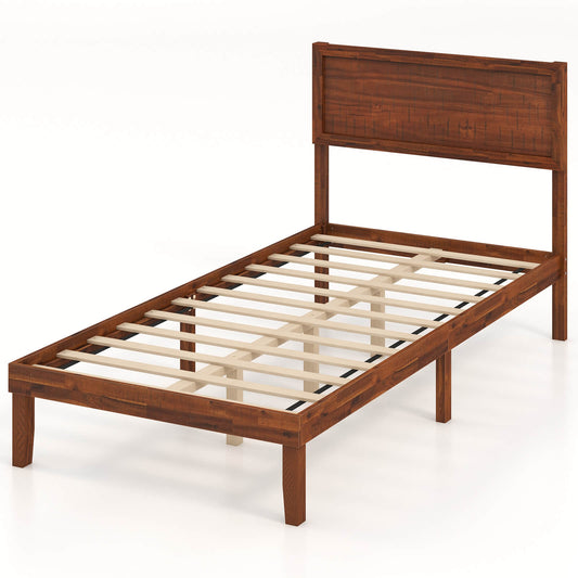 Infans Twin Bed Frame w/ Rustic Headboard Under-bed Storage Space No Box Spring Needed
