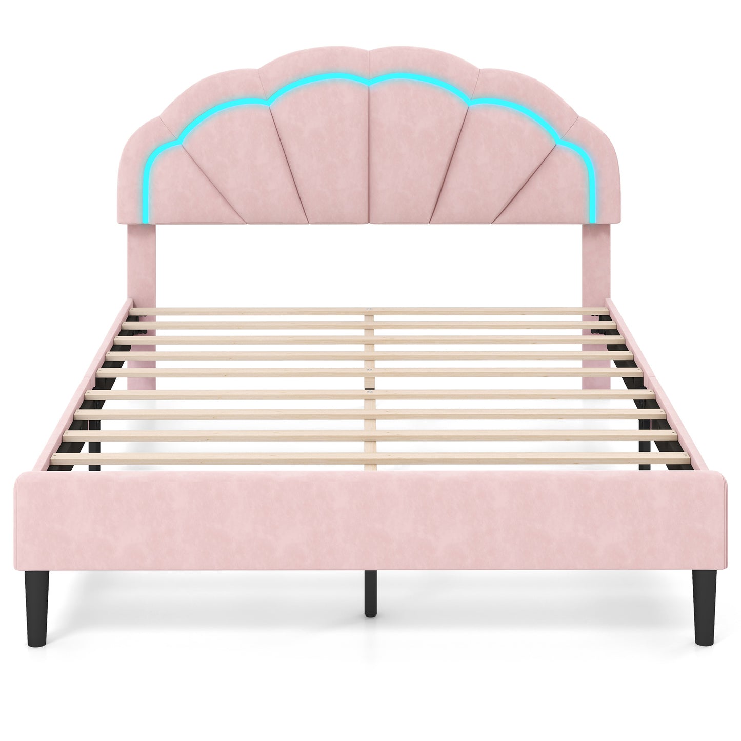 Infans Queen Size Upholstered LED Bed Frame Soft Velvet Platform Bed w/Flower Headboard