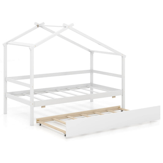 Infans Twin House Bed with Trundle with Roof and Fence Rails Wooden Platform Bed FrameWhite